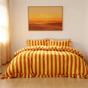 3-Piece Orange Striped Ruffled Design Duvet Cover Set, Includes 1 Duvet Cover and 2 Pillowcases (Without Insert), Soft and Comfortable, Modern Design, Ideal Gift, Bedroom Bedding Set