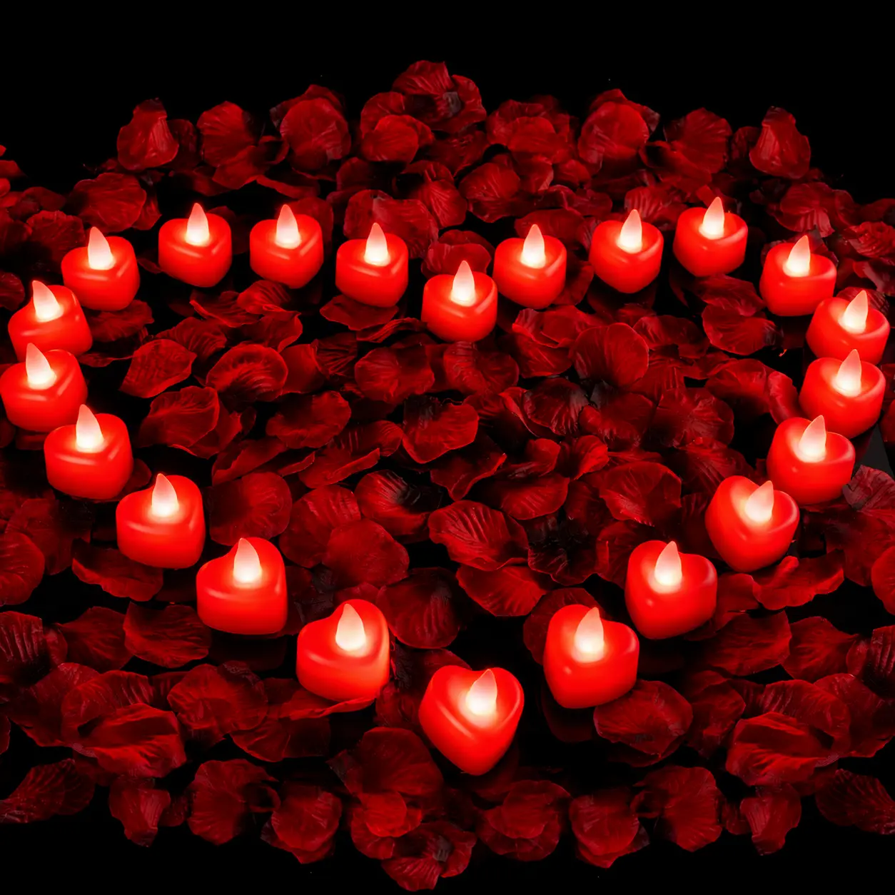 2000 PCS Red Artificial Rose Petals with 24 Red Heart LED Tea Lights, Rose Petals and Candles Set for Proposal, Anniversary, Romantic Night, Wedding Decor Glitter Rose Bouquet Decoration Flower Arrangement Back to School Summer Sale Deals