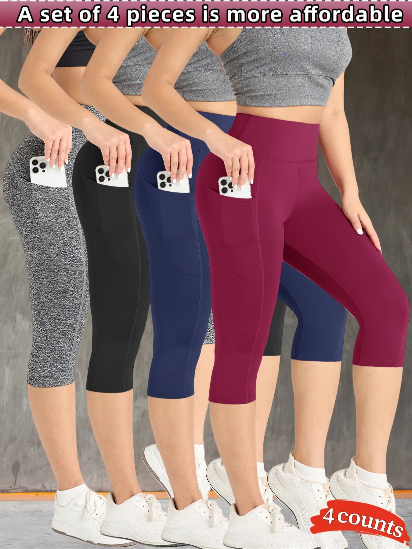 4 PCS Women's High Waist Sporty Cropped Pants, Spring & Fall Wearable, Elastic Yoga Cycling Leggings, Pockets Design, Skinny Yoga Bottoms
