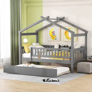 Twin Size Bed with Trundle Wooden House Bed with Twin Size Trundle and Slats, No Box Spring Needed