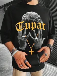 Men's Tupac Graphic Print Round Neck Tee, Loose Casual Fashion Short Sleeve T-shirt for Summer, Men's Top for Daily Wear, Tropical, Casual Street Style, Streetwear