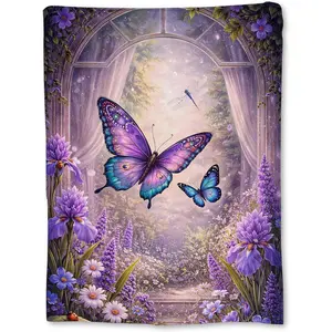 Lightweight Soft Single-sided Printing Purple Butterfly Blanket Gift, Lavender Flower and Dragonfly Window View Flannel Blanket, suitable for sofa, bed, travel and home decoration, warm blanket, ideal for women and girls