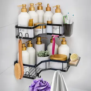 Sben Corner Adhesive Shower Caddy, 8 Pack Organizer Shelves, No Drilling, Rustproof Storage Rack, 12 Hooks, Toothpaste Holder and Soap Dish Holder for Bathroom