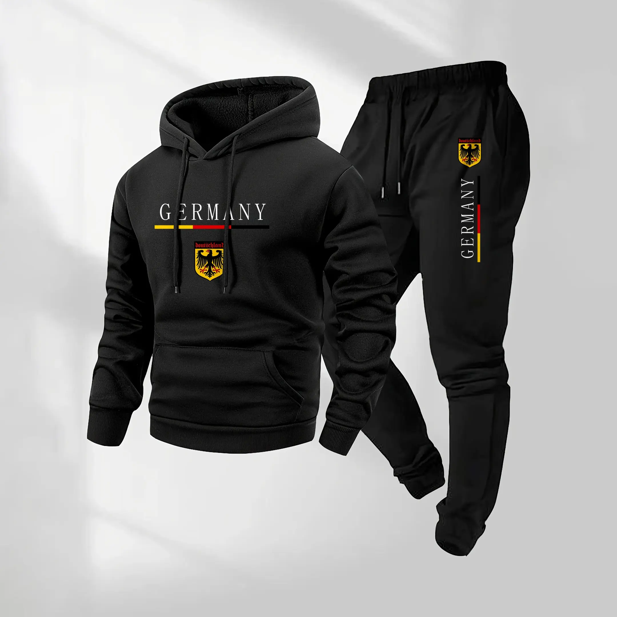 Men's GERMANY Letter Pattern Print Hoodie and Drawstring Sweatpants Set, Menswear, Casual Athletic Long Sleeve Hooded Jacket & Trousers for Fall & Winter, Men's Clothing for Daily Wear, Sportswear Indoor Outdoor, Tracksuit, Athleisure