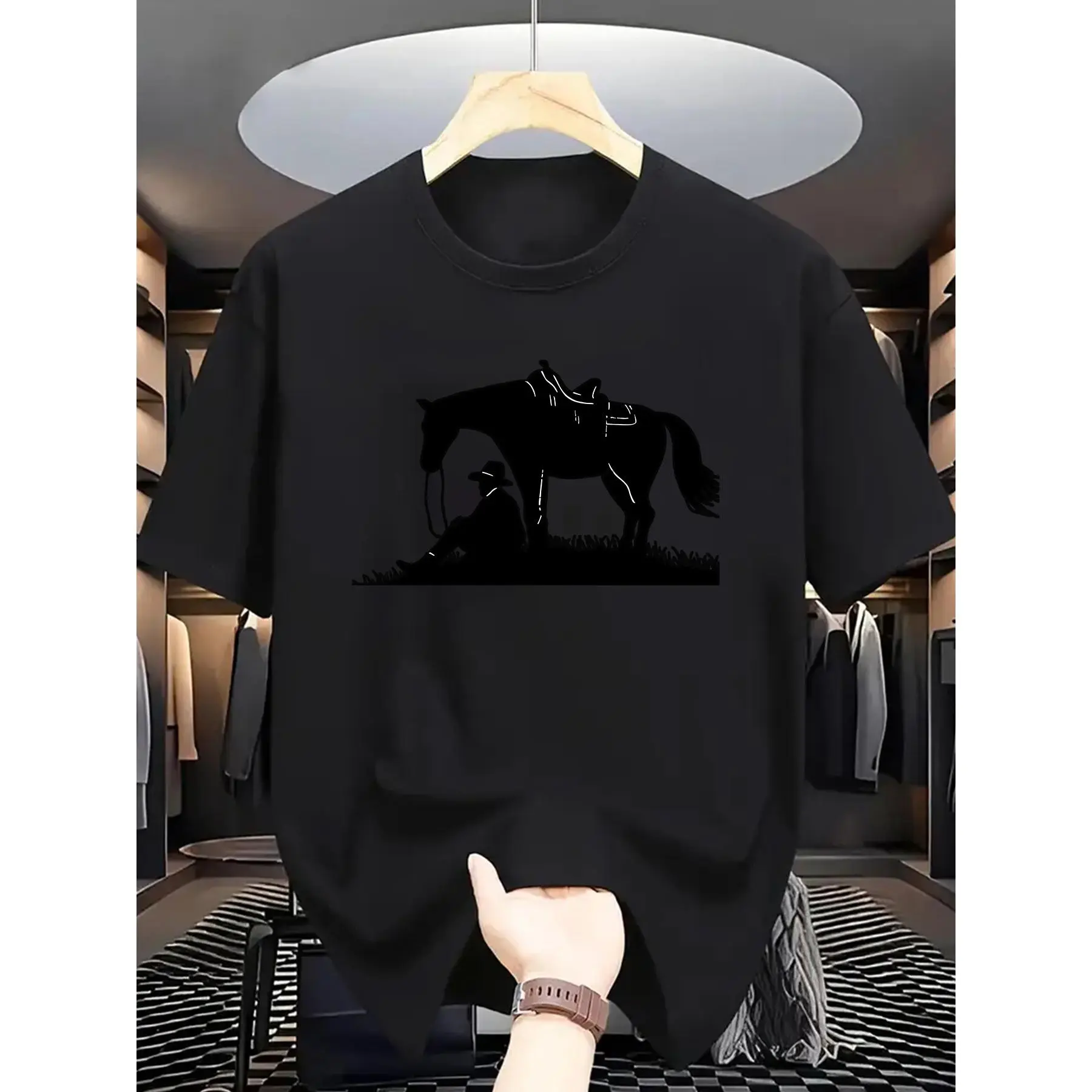 Men's  Loose Fit Crew Neck T-Shirt - Western Cowboy and Horse Pattern Print, Breathable Short Sleeve, Daily Casual Wear, Machine Washable, Durable Workmanship, Urban Trend, Birthday/Holiday Gift