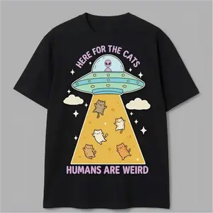 Funny Cat Shirt Here For The Cats Humans Are Weird Vintage Cartoon Tee Alien UFO Cat Lover Gift Retro Unisex T Shirt Menswear Top