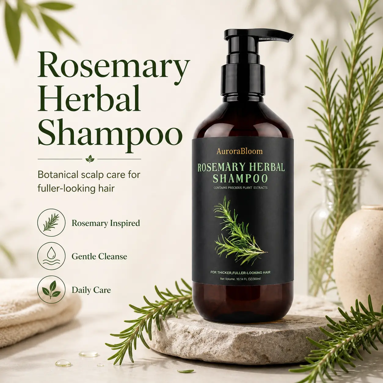 AuroraBloom Rosemary Herbal Shampoo for Fuller-Looking Hair, Scalp Care, Oil Control & Daily Cleansing, Botanical Shampoo for Men & Women, 10.14 fl oz