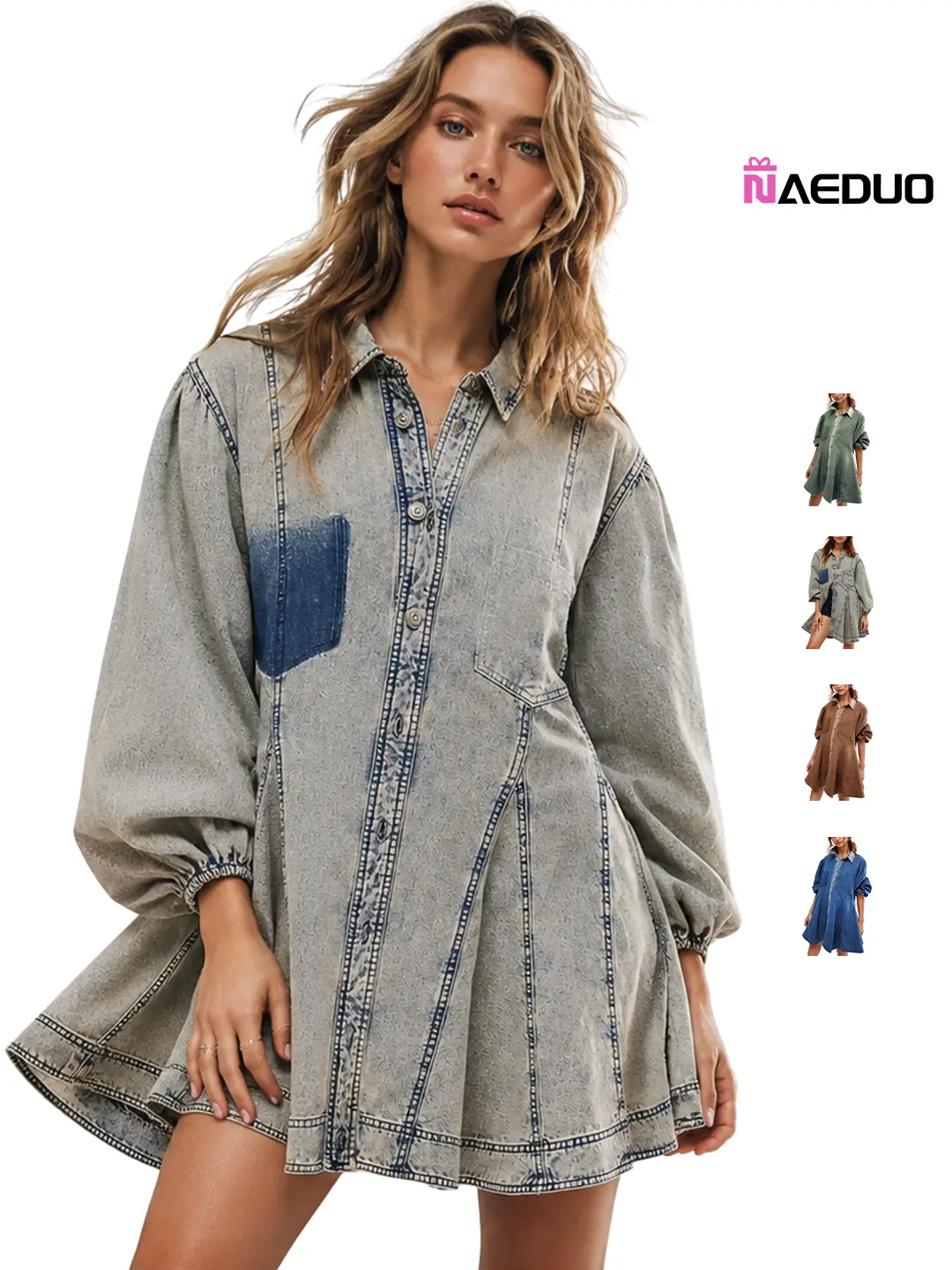Naeduo Women's Denim Dress Long Balloon Sleeves Buckle A-line Ruffled Jeans Mini Doll Dress With Breast Pocket Summer Womenswear