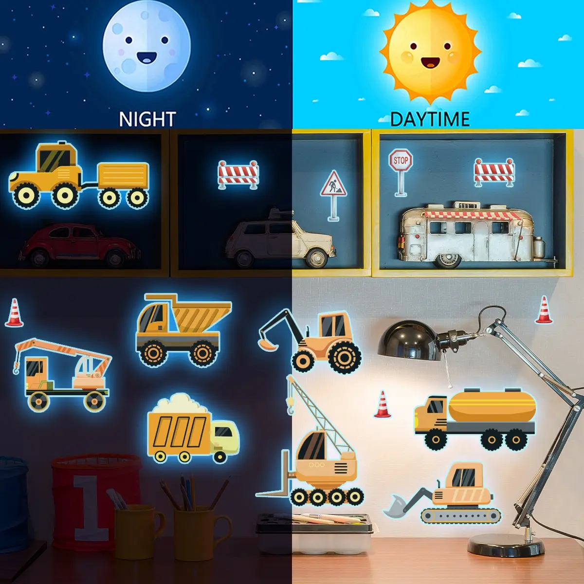 A set of two (20*30cm*2pcs) new architectural tool engineering vehicle blue luminous Glow In The Dark wall stickers, suitable for living room and bedroom decoration background, blue light wall stickers, Decorative Stickers (YCL13501-KN)