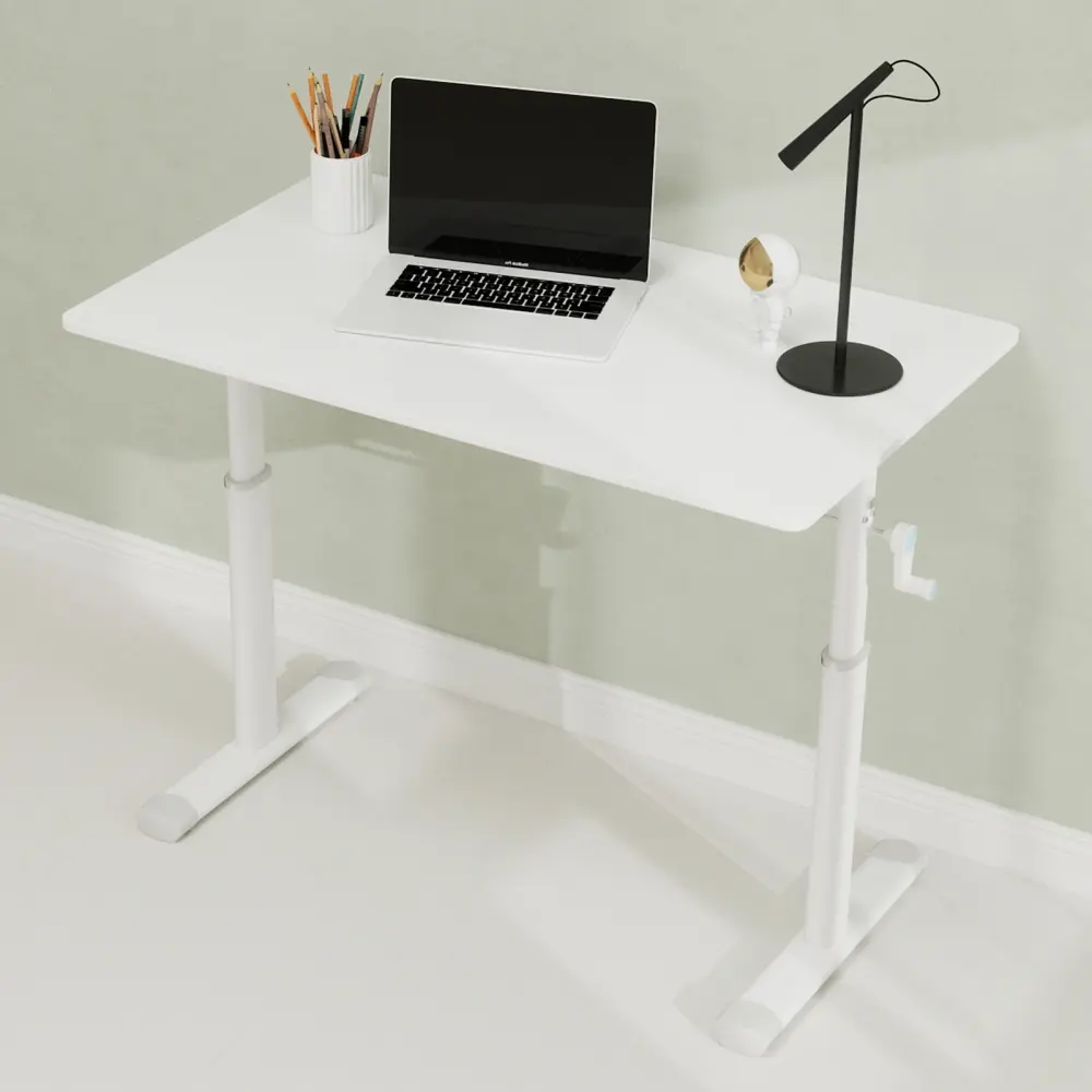 Adjustable study desk suitable for children and adults, height-adjustable, multifunctional home office desk, compact design, desktop dimensions: 60cm × 100cm, white frame, white tabletop.