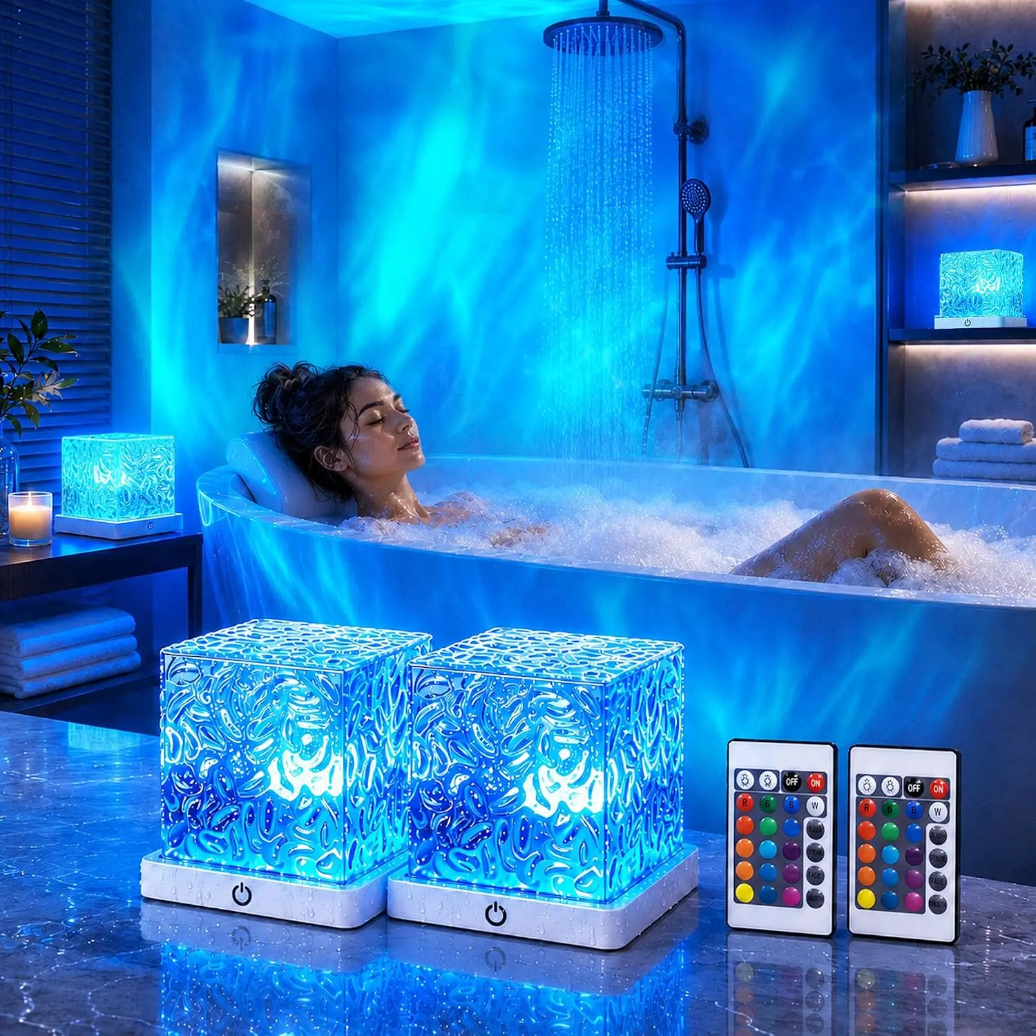 2-Pack Waterproof Shower Light, Rechargeable Ocean Wave Projector Light 16 Color Changeable Shower Lamp with Remote Dimmable, Rotating Flame Water Ripple Lamp for Inside Shower, Bathroom, Bedroom