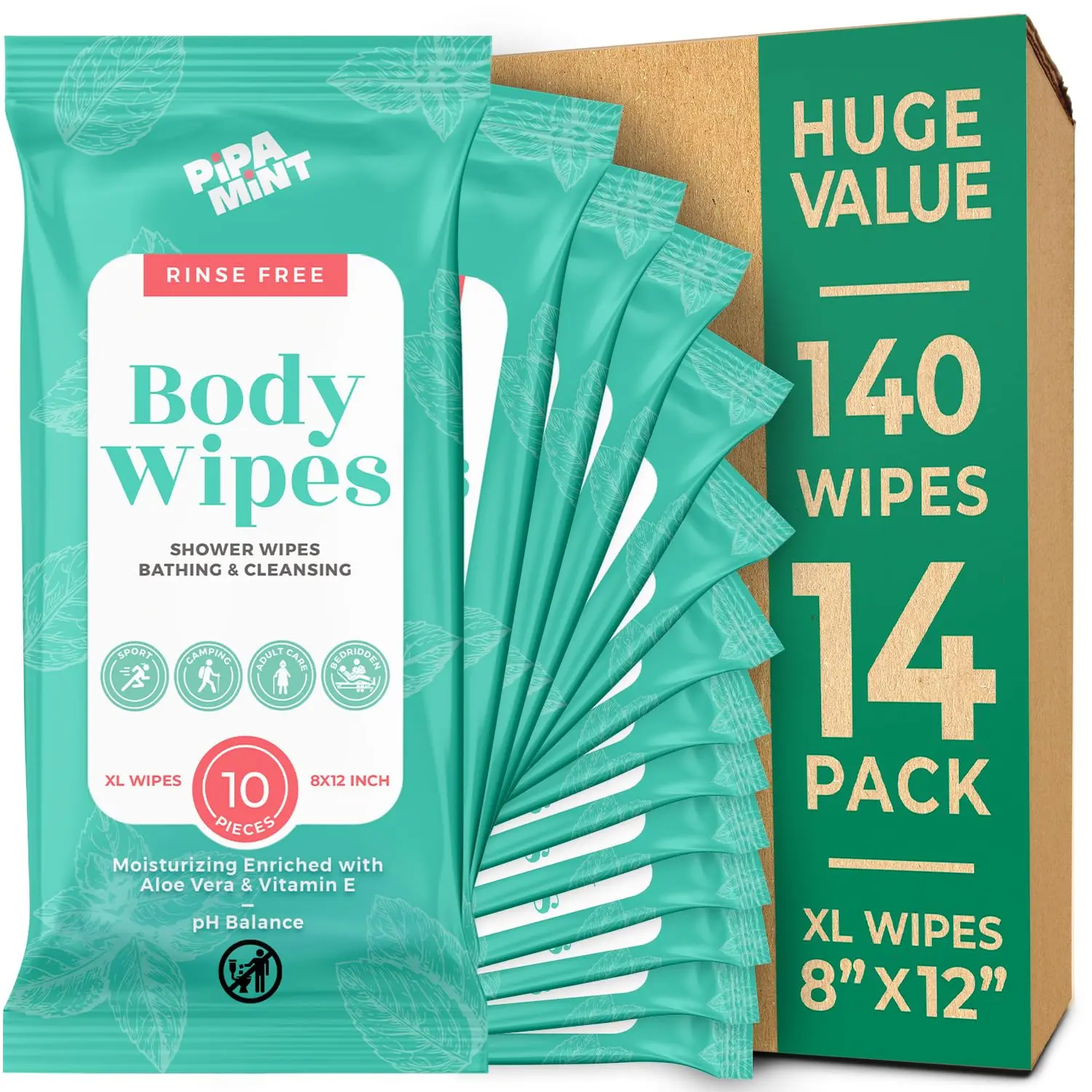 Body Wipes (14 Pack) 140 XL No Rinse Bath Wipes for Adults Gentle Skin Cleansing for Body & Face Shower Wipes for Travel Elderly Car Gym Camping (8x12 Inch)