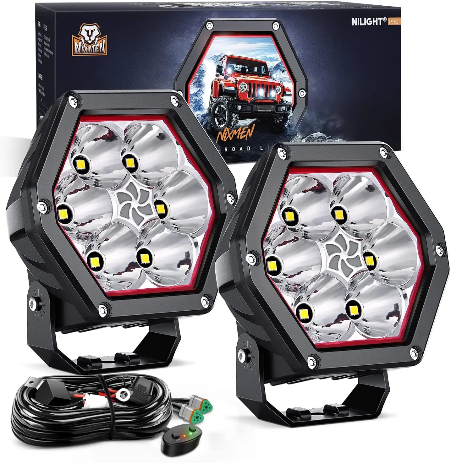 Nilight 4-Inch Hexagon LED Pods with DRL, 30W 2600LM 10° Super Spot Beam LED Light Bar, 16AWG Fused Wiring Harness Kit, Offroad Auxiliary Driving Work Lights for Trucks, ATVs