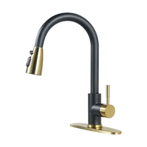 WOWOW Black and Gold Kitchen Faucet with Sprayer, Kitchen Sink Faucet Stainless Steel Single Handle Kitchen Faucets with Deck Plate, 360 Swivel High Arc Single Hole RV Kitchen Faucet