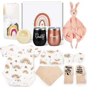 New Mom Gifts, Baby Shower Gift Set with Boho Rainbow Plush Blankets for Expecting Parents, Cozy Nursery Decor & Pregnancy Announcement Gift