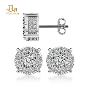 Delzzad 18K Gold-Plated Royal Halo Iced Out Lab-Created Moissanite Stud Earring S925 Sterling Silver Moissanite Jewelry Perfect Birthday Mother’s Day Christmas Gift for Men Women Wedding Set