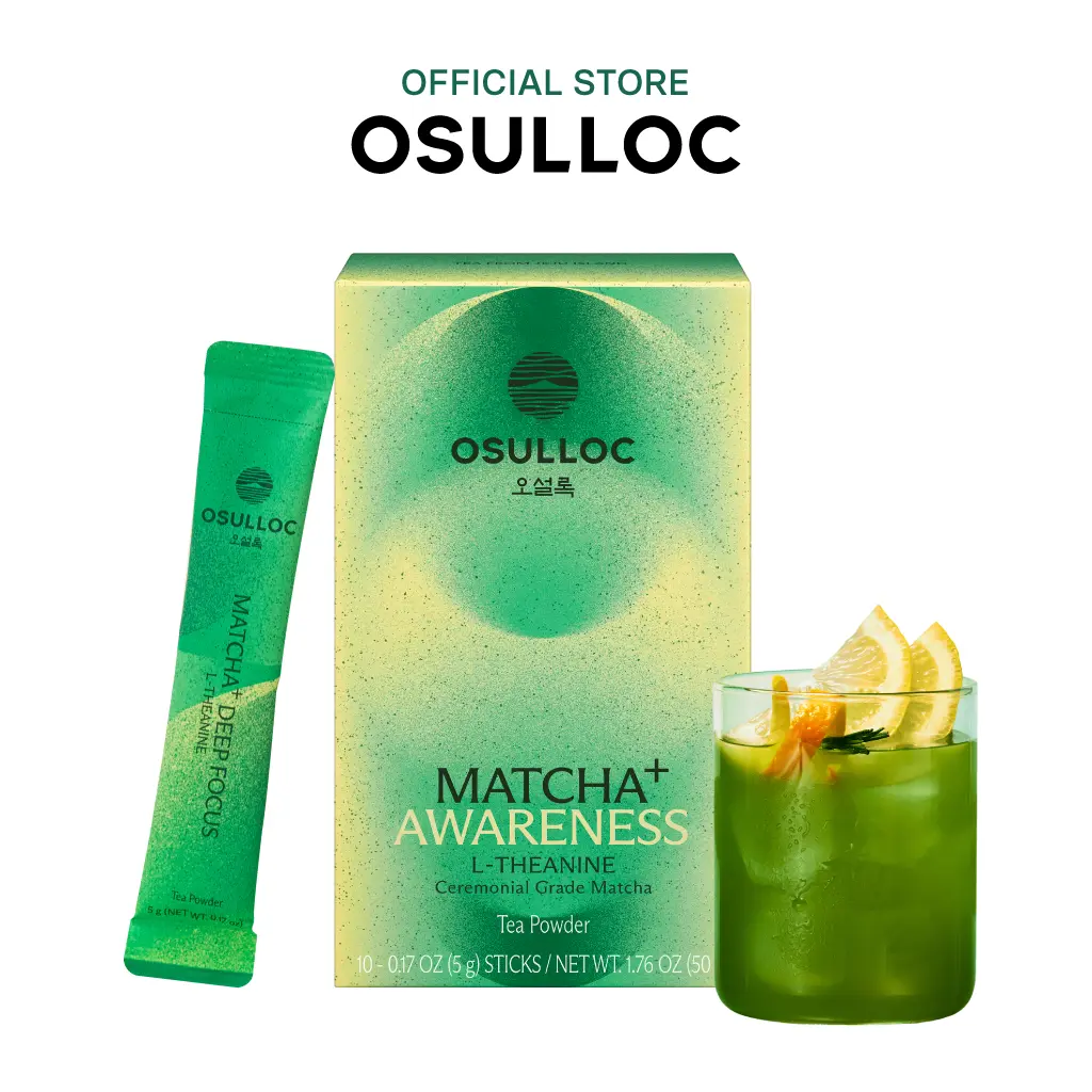 Osulloc Matcha Plus+ Awareness (Orange & Lemon Flavor), Ceremonial Grade Matcha & L-Theanine Blend, Loaded tea packets Refresher, 10 Count