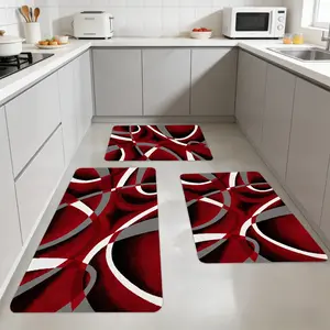 3pcs Luxury Striped Pattern Modern Kitchen Carpet Set | Perfect for Holiday Decoration, Bedroom, Living Room, Home Decor, Red Abstract Art, Gifts for Friends and Family, Birthday and Holiday Gifts, Polyester, Hand Wash Only