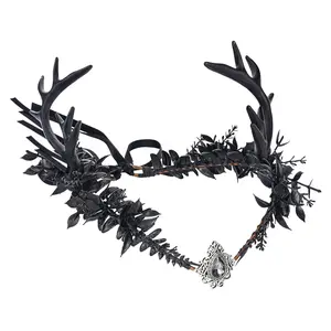 Black Flower Antler Crown - Dark Reindeer Headpiece Gothic Elf Circlet Deer Horns Headband for Women Cosplay Renaissance Goth Wedding Renfaire Accessory