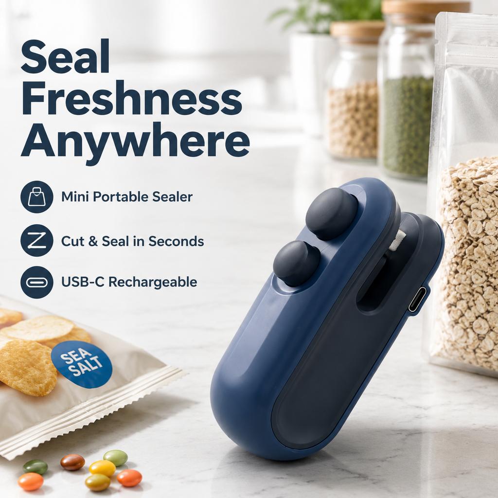 Mini portable sealer & Bag Cutter – Quick Seal Snack Hack, USB Rechargeable, Magnetic