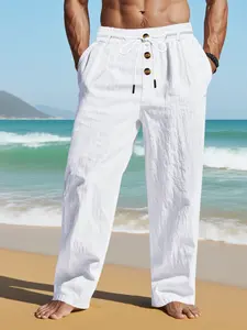 Men's solid - color linen straight - leg pants, drawstring - waist casual long pants with pocket design, loose - fitting wide - leg pants suitable for all seasons, light - washed loose - cut trousers for daily wear, Casual comfy drawstring