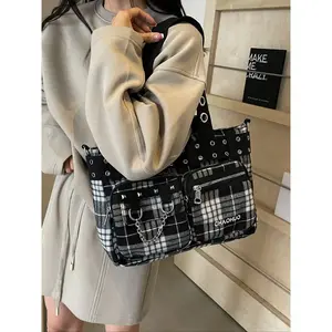 Women's Y2K Rivet Decorated Shoulder Bag, Multi-Pocket Tote Backpack, College Style Large Bag for School, Work, Commute, Mommy Bag, Casual Trendy Bag