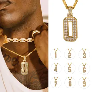 FindChic Bling Number Necklace Hip Hop Cubic Zirconia Golden Big Numbers Pendant for Rapper Pendant Necklace For Women Men