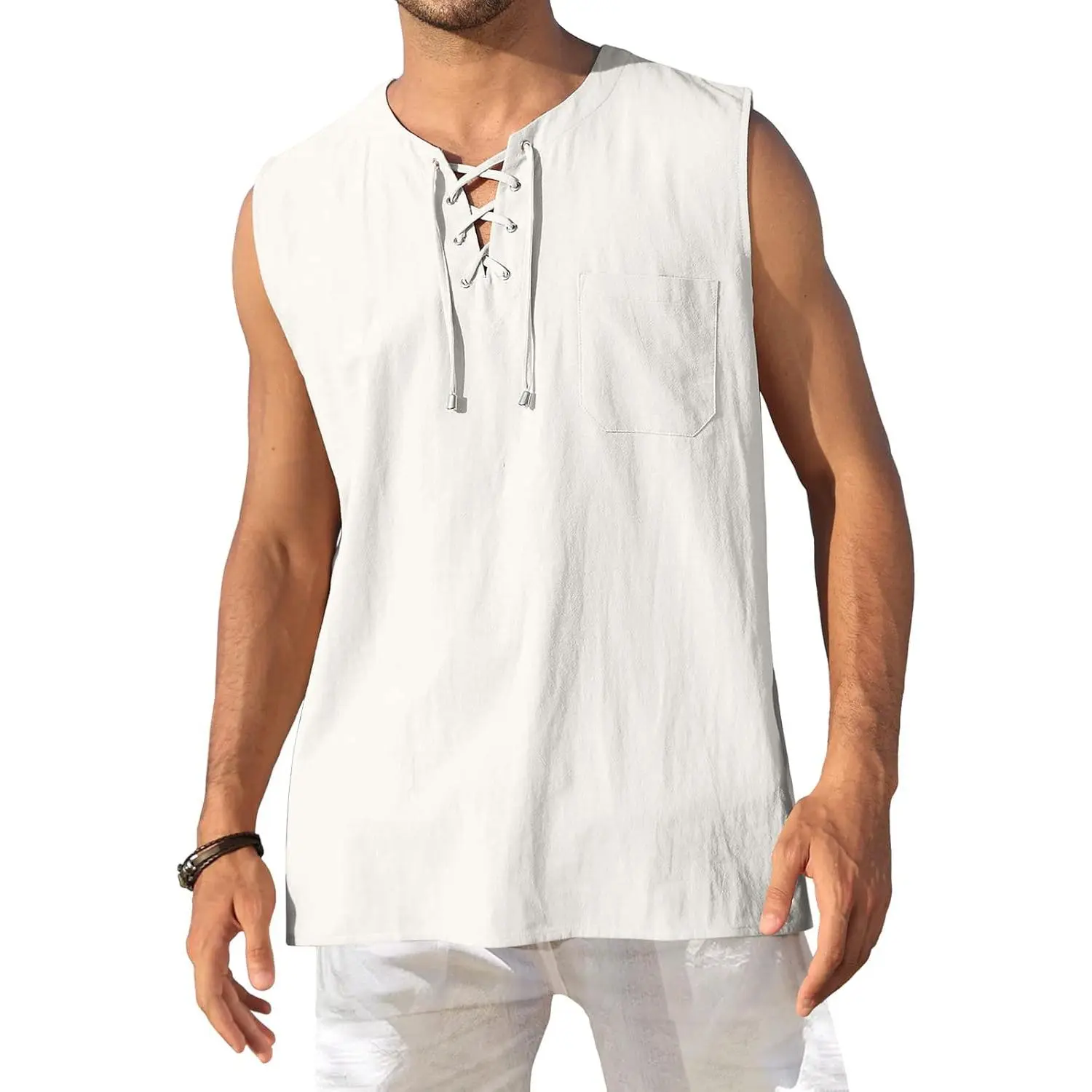 KUYIGO Men's Comfy Classic Linen Beach Wear Tank Top - Sleeveless Hippie Renaissance Lace Viking Tunic for Summer, Basic
