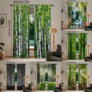 2 pieces, green leaves, white trees, natural prints, semi-lightproof and thermal curtains, long curtains ensure privacy and darken the room, rod pocket design suitable for room, bedroom, living room, and glass door decor, machine washable