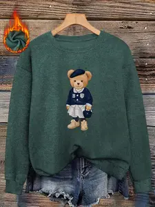 Women's Fall Winter Round Neck Faux Fur Top, Fitted, Cute Bear Print, Soft Warm Fabric, Skin-Friendly, Casual Style, Christmas Pattern, Womenswear