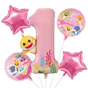 PartyWoo Baby Shark Pink Foil Number 1 Balloon 5pcs 40 18 Inch Pink Round Star Mylar Helium Birthday Balloons for Boys and Girls Baby Shark Under the Sea Ocean Kids First Birthday Party Decorations