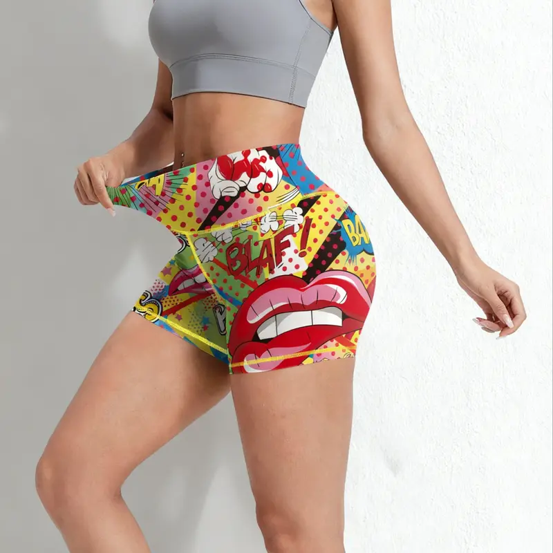 Women's Pop Art Print High Waist, Tight Fitted Casual Comfy Breathable Skinny for Yoga Gym Workout Running, Ladies Bottoms High Waists Shorts for All Seasons Workout Impact Shorts