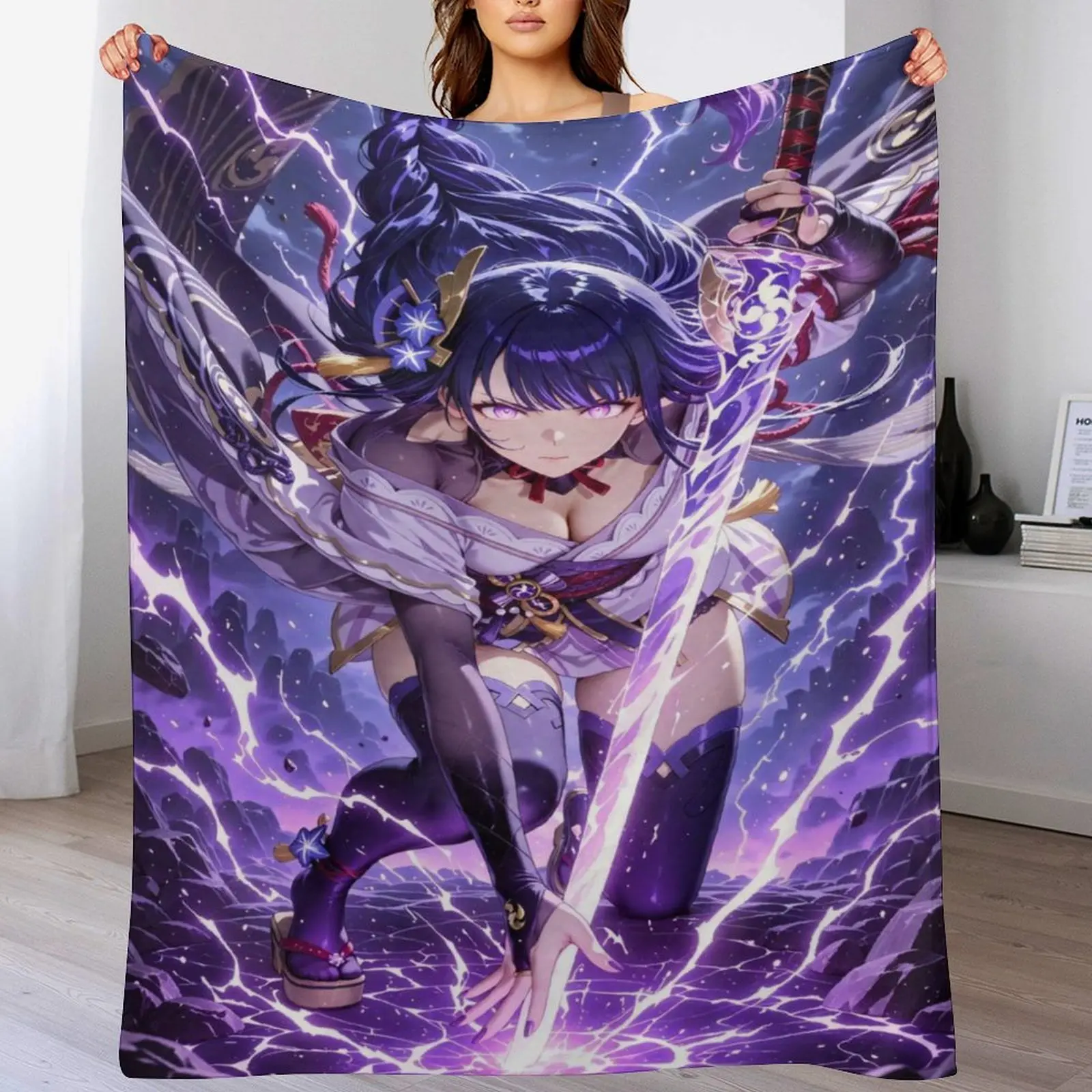 Purple Haired Raiden Shogun Female Samurai Flannel Throw Blanket, Lightning Fantasy Anime Style Fleece Blanket, Soft Cozy Warm Blanket for Fans & Home Decor