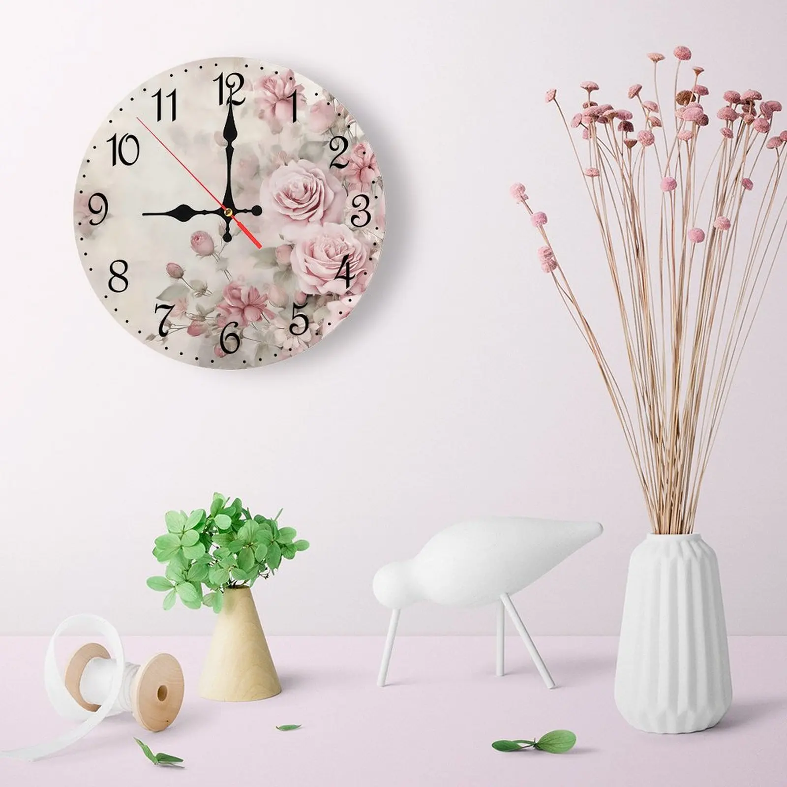 Vintage Blush Pink Floral Rose Print Wooden Analog Wall Clock - 10-12 in Round, 5mm Thick Construction, Silent Non-Ticking Shabby Chic Home Decor, No Battery Included, Ideal Mother's Day Gift