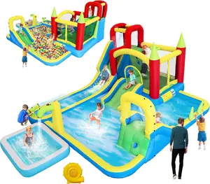 11 in 1 Inflatable Water Slide Park for Kids, Large Backyard Bounce House with Dry/Wet Slides, Splash Pool, Water Gun, Trampoline, Climbing Wall, Basketball Hoop, Outdoor Birthday Party Playset outdoorfun