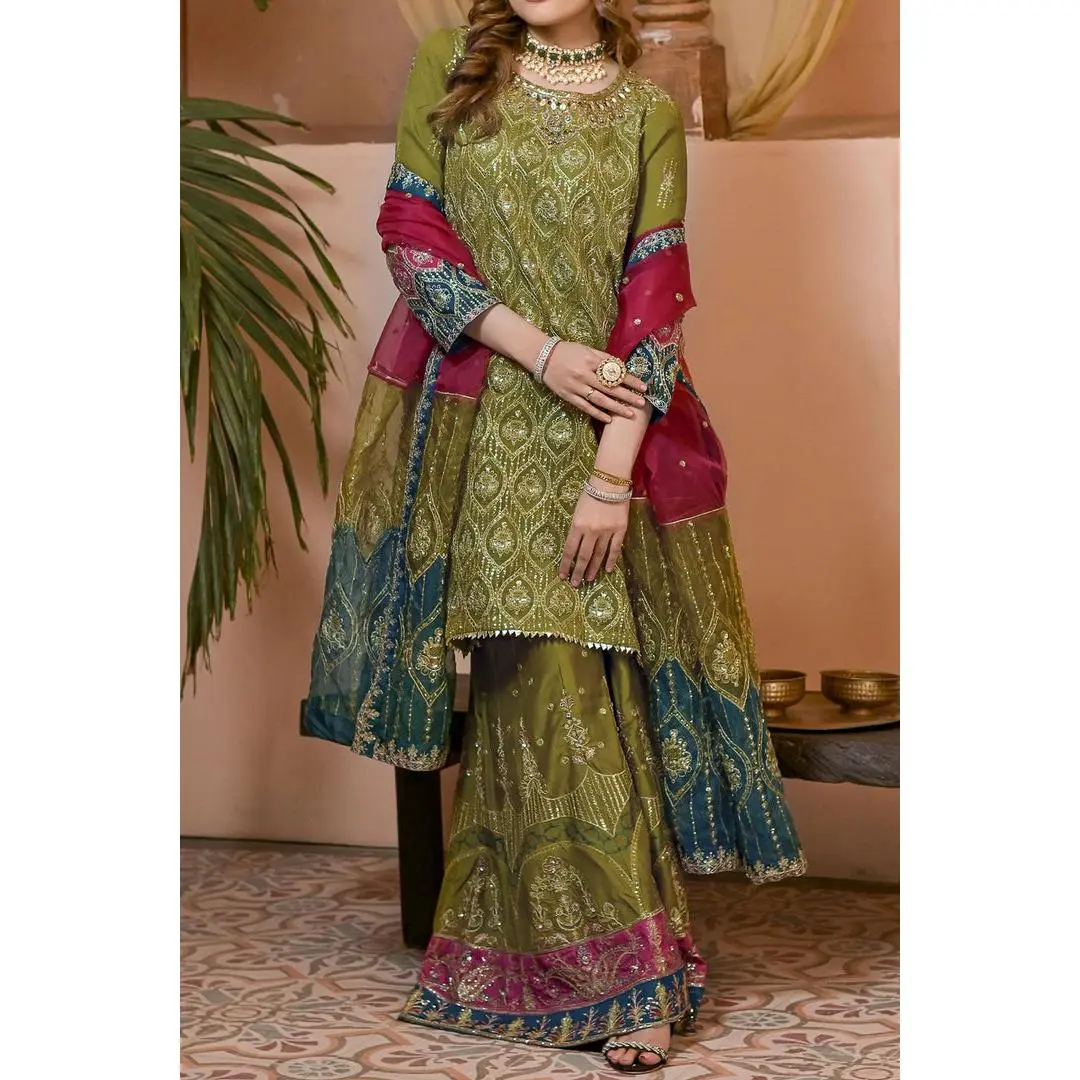 WOMEN'S PRET-CHIFFON DRESS | Pakistani Embroidered Sharara Plazo Kameez with Dupatta | Green Mehndi Outfit with Stones and Zari Work | Wedding & Festive Wear