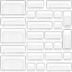 25 Pcs Drawer Organizer Storage Trays For Makeup, Kitchen, Bedroom, Office, Desk, Versatile Plastic Clear Drawer Organizer Boxes Set