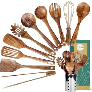 11 Piece Wooden Kitchen Utensil Set with Holder | Natural Teak Wood Cooking Utensils, Spoons, Spatula & Ladle