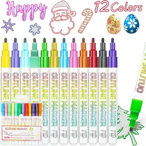 Double Line Outline Markers, 12 Colors Glitter Metallic Gel Pens Set, Easter Basket Stuffers For Teen Girls , Art Supplies For  9-12, 4-12 Year Old Girl Birthday Gifts