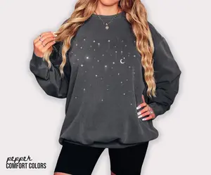 [SALE UP TO 50% + FREE SHIP] - Celestial Comfort Colors® Sweatshirt, Minimalist Stars Sweatshirt, Astrological Gift, Mystical Moon Star Sweater, Space Aesthetic Pullover (sweatshirt)