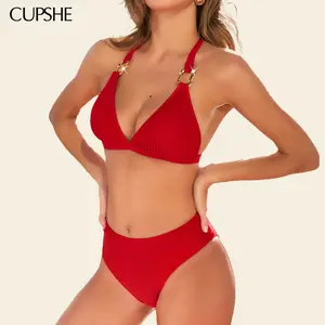CUPSHE TikTokShopSpringGlowUp Clock It Diamond Neckline Mid-rise Halter Straps Medium Bust Support Red Swimsuit Bikini Set Swimwear Beachwear Style