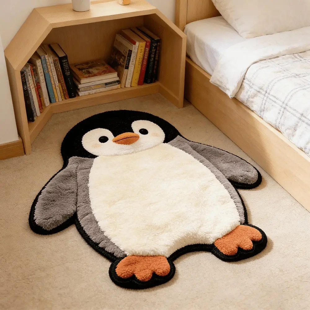 Cute Penguin Pattern Rug for Bedroom and Living Room, Fashionable Animal Decor Mat, Home Decorative Rugs, Soft Plush Floor Carpet for Bedside Gaming Room and Casual Spaces