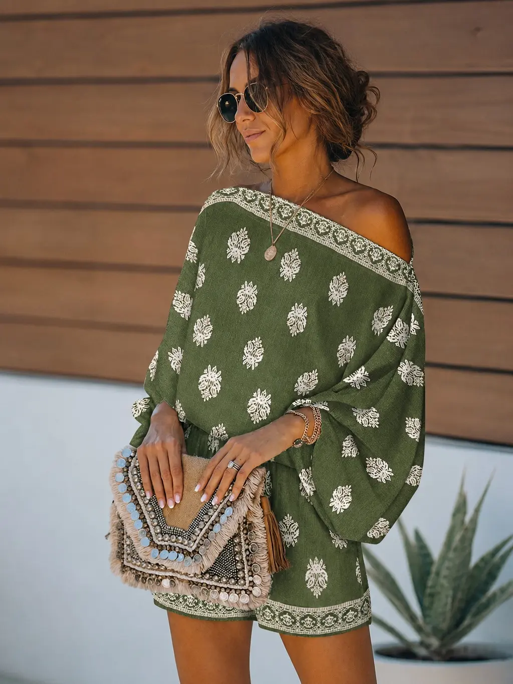 Women's Bohemian Off-Shoulder Long-Sleeve Floral Print Romper - Lightweight Ethnic Fabric, Elastic Waist Casual Playsuit for Summer Vacation Outdoor Beach Party