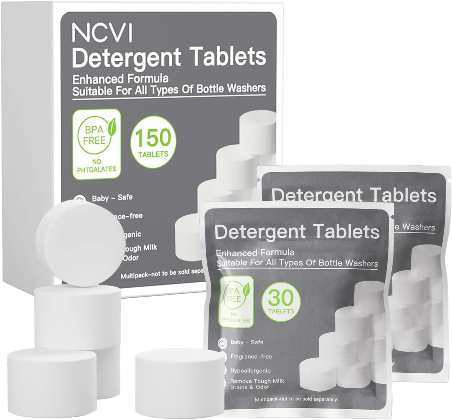 NCVI 150PCS Baby Bottle Washer Detergent Tablets, All-in-1 Stain Remover, Sterilizing & Deodorizing, Low-foaming Formula, Compatible with Most Major Brand Bottle Cleaners