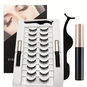Reusable Fluffy Volume False Eyelashes Set, 10 Pairs Natural Look Self Adhesive No Glue Fake Eyelashes with 1 Count Tweezer & 2 Counts Liquid Eyeliner for Summer Makeup