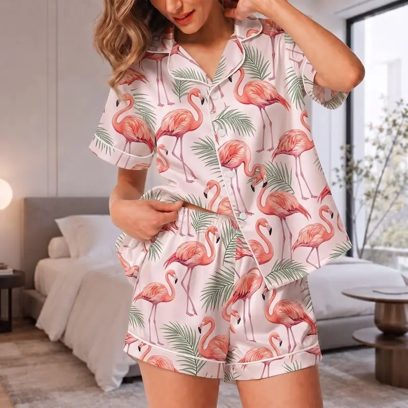 Flamingo Pajama Set, Pink Flamingo Sleepwear, Tropical Bird Pajamas, Women's Summer Loungewear, Beach Vacation Gift