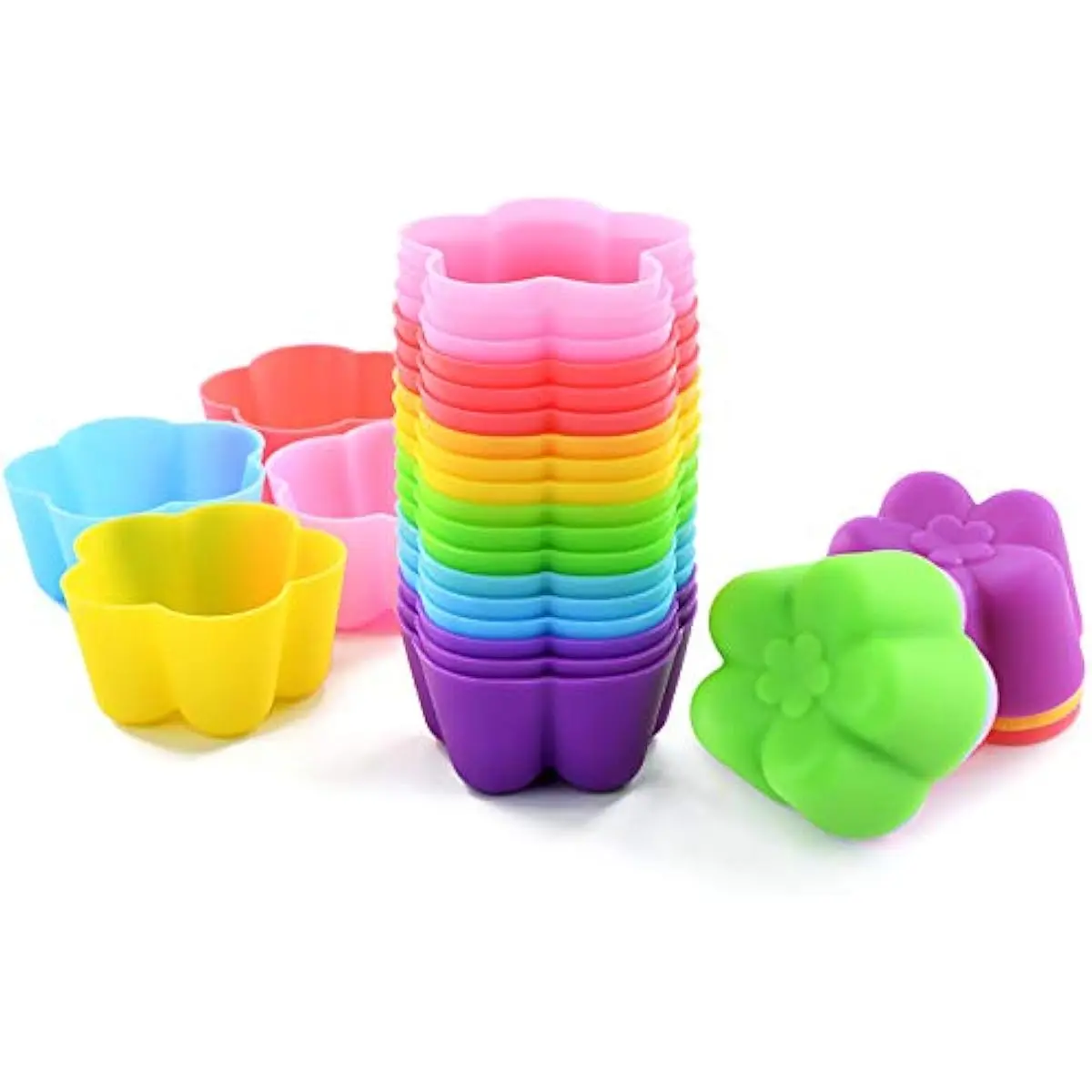 Reusable and Non-stick Mini Silicone Baking Cups/Muffin Cups/Mini Cupcake Liners/Chocolate Holders/Truffle Cups, 24 Pack, 6 Vibrant Colors Flower