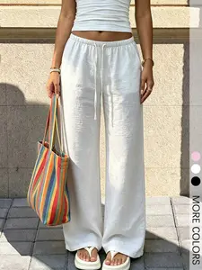 Women's White Crinkle Texture Elastic Waist Wide Leg Pants Casual Drawstring Trousers For Summer