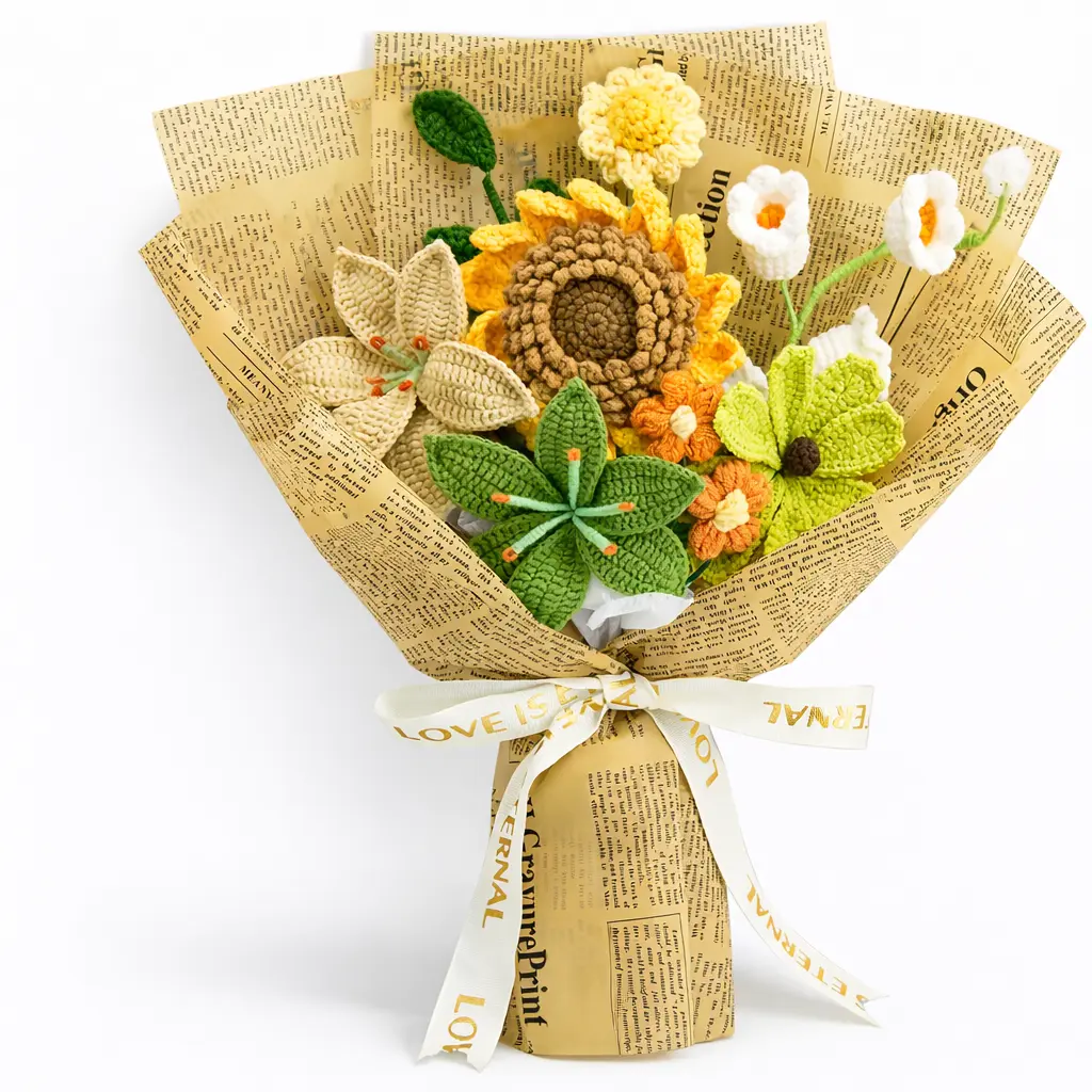 Handmade Crochet Flowers Bouquet Gift for Girlfriend Birthday Wedding Anniversary Just Because Graduation Gift with Sunflower Lily Daisy Forget-Me-Not Forever Flowers for Her with Greeting Card US Fast Shipping Cute Home Decor Women's Gift