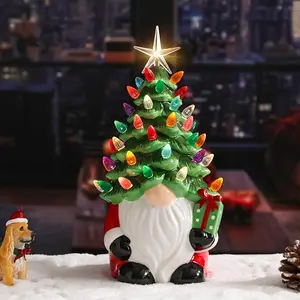 MICRENCY Small Ceramic Christmas Tree Hand-Painted Vintage Tabletop Decoration with Multi-Color Lights Green Gnome 11 inch Holiday Ornament Unisex